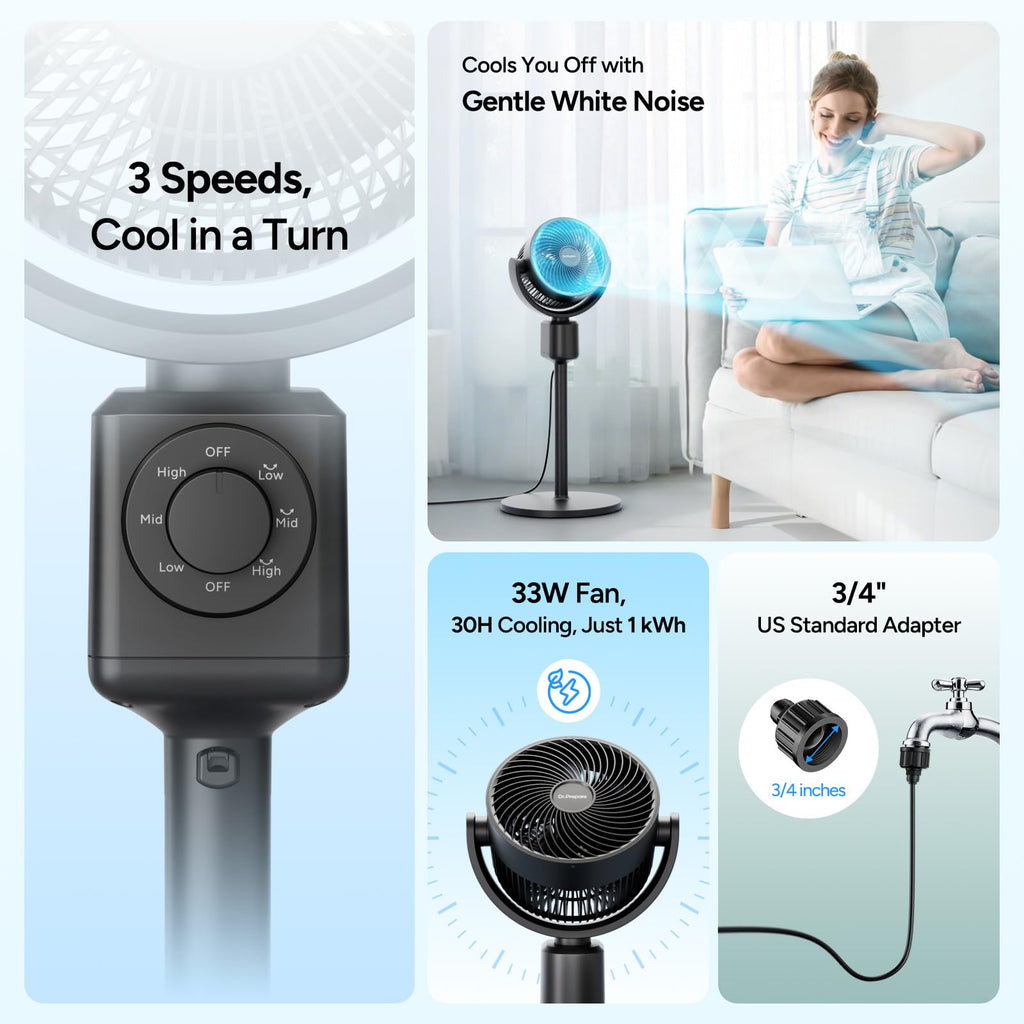 Compact Misting Pedestal Fan with Magnetic Mister, Quiet Air Circulator Standing Fan, 16-34" Adj. Height, 70°Auto-Oscillation, 3 Speeds C4347