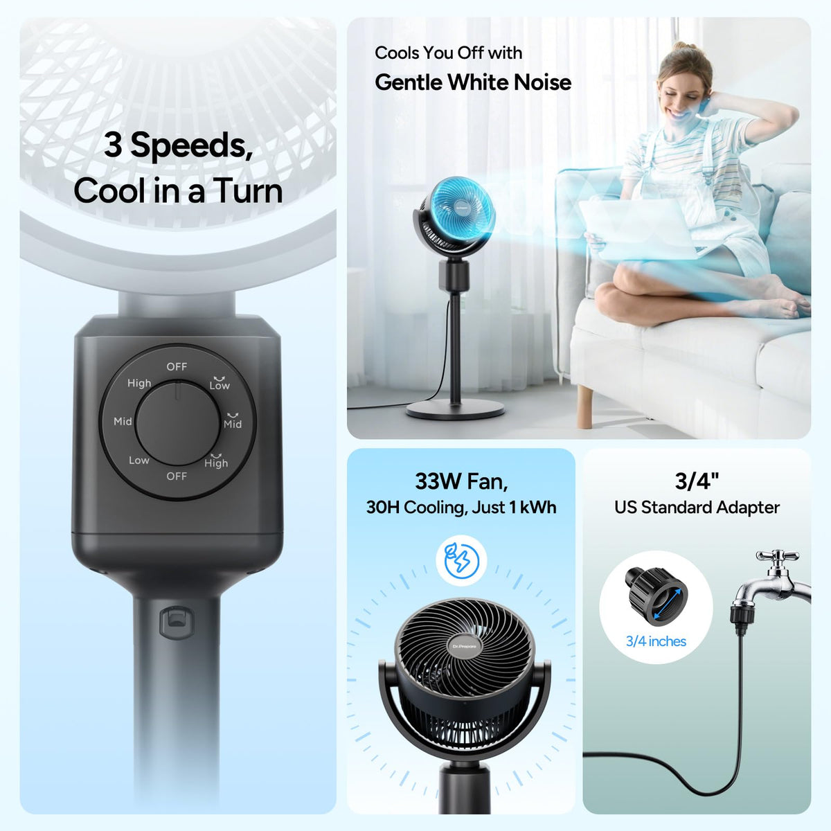 Compact Misting Pedestal Fan with Magnetic Mister, Quiet Air Circulator Standing Fan, 16-34" Adj. Height, 70°Auto-Oscillation, 3 Speeds C4347
