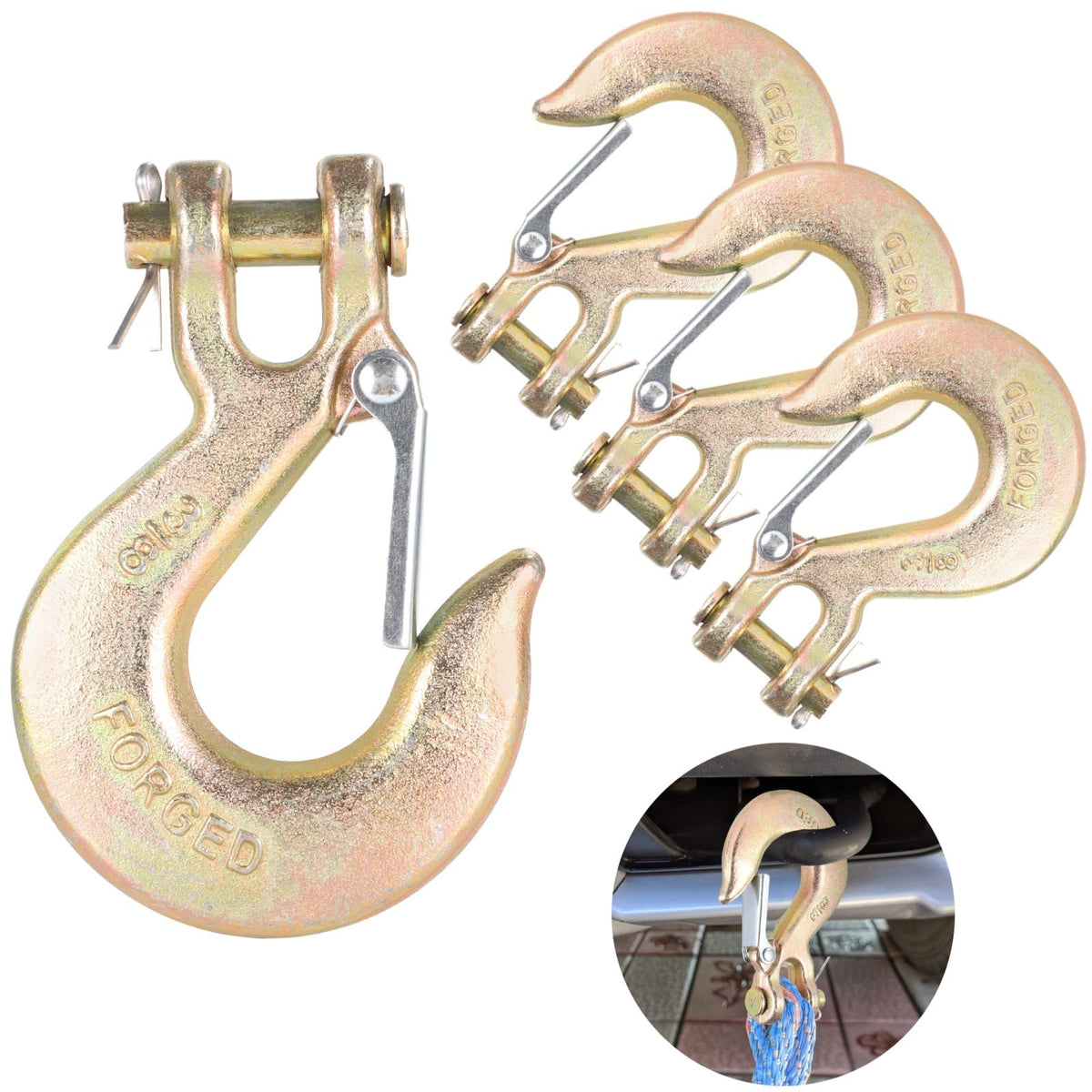 4 Pack 3/8-Inch Grade 70 Steel Clevis Slip Hooks with Safety Latch Y357