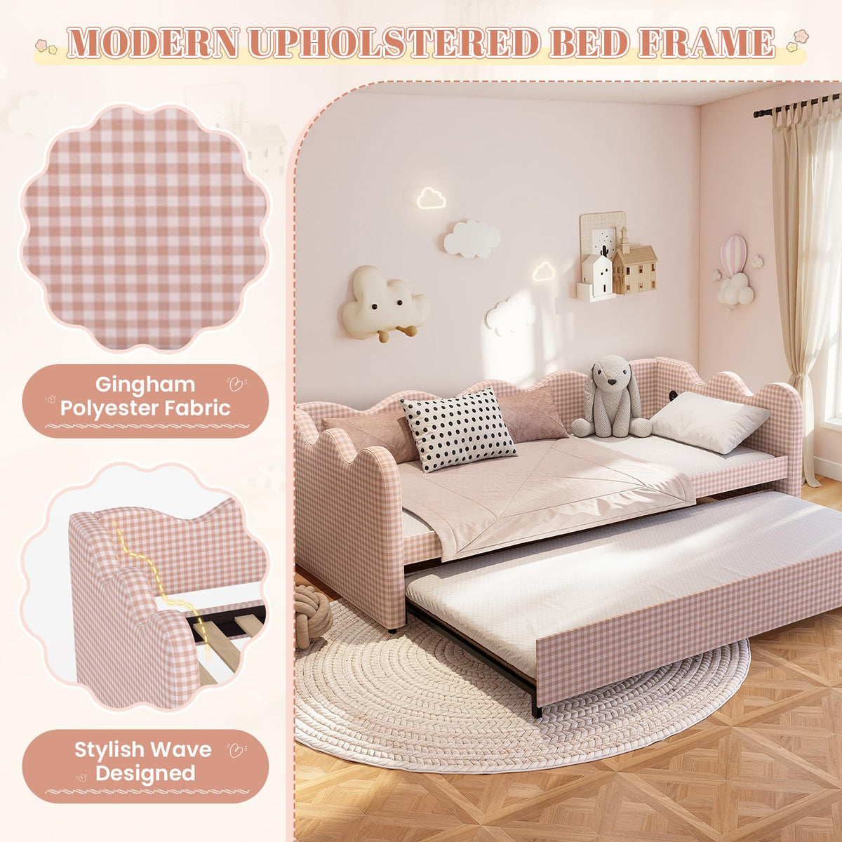 Pink Gingham Twin Size Daybed with Trundle B20856