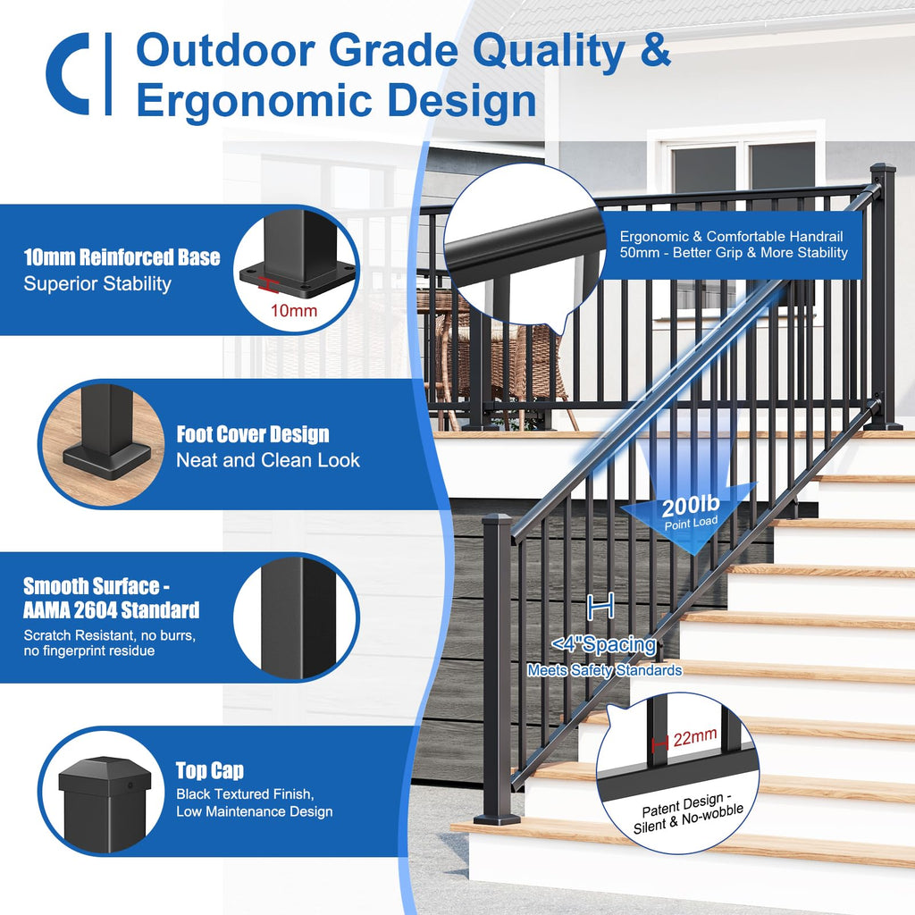 1 Pack 36 in. H x 6 ft. W Aluminum Stair Railing Kit with Post Y45654