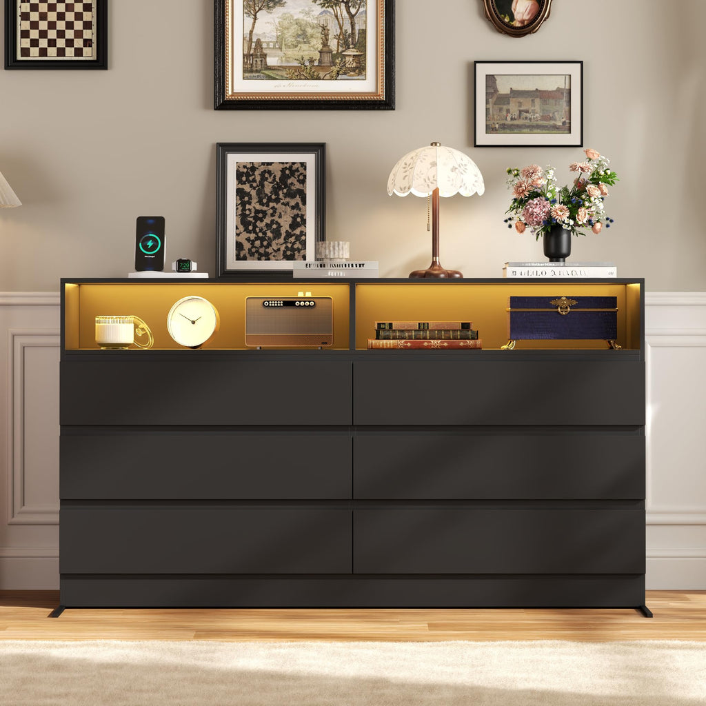 Black 6 Drawer Wood Dresser C3418