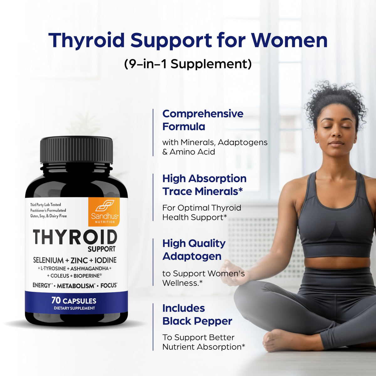 Thyroid Support with Selenium, Zinc, Iodine, L Tyrosine, Ashwagandha, 70 Count (Pack of 2) Q977067
