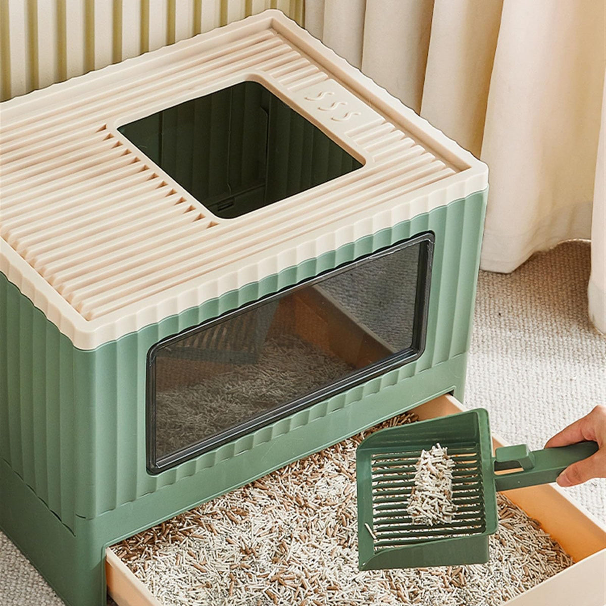 Top Entry Cat Litter Box with Lid Foldable Green M621039