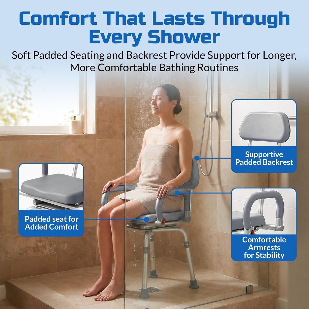 Gray Pivoting Shower Chair with Padded Back and Arms B686