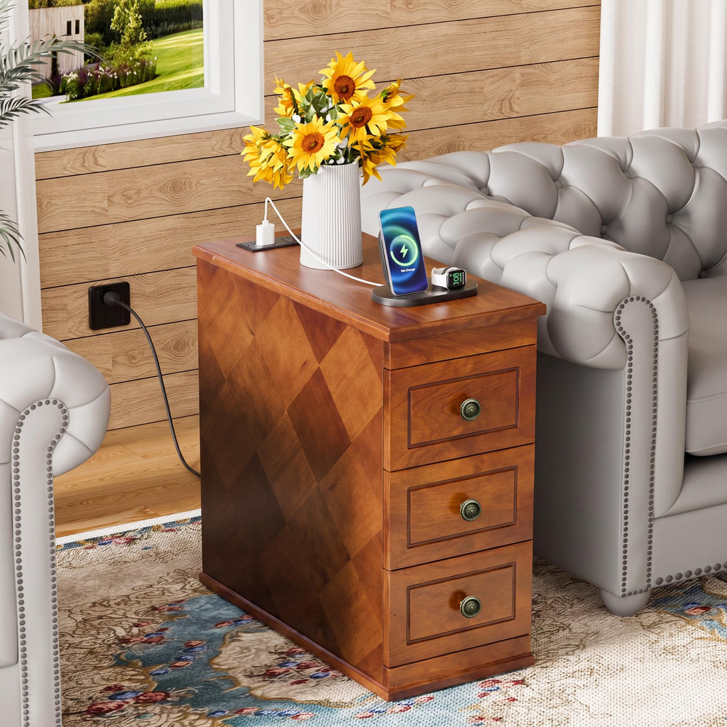 Solid Wood Narrow End Table with Charging Station Set of 2 I273660