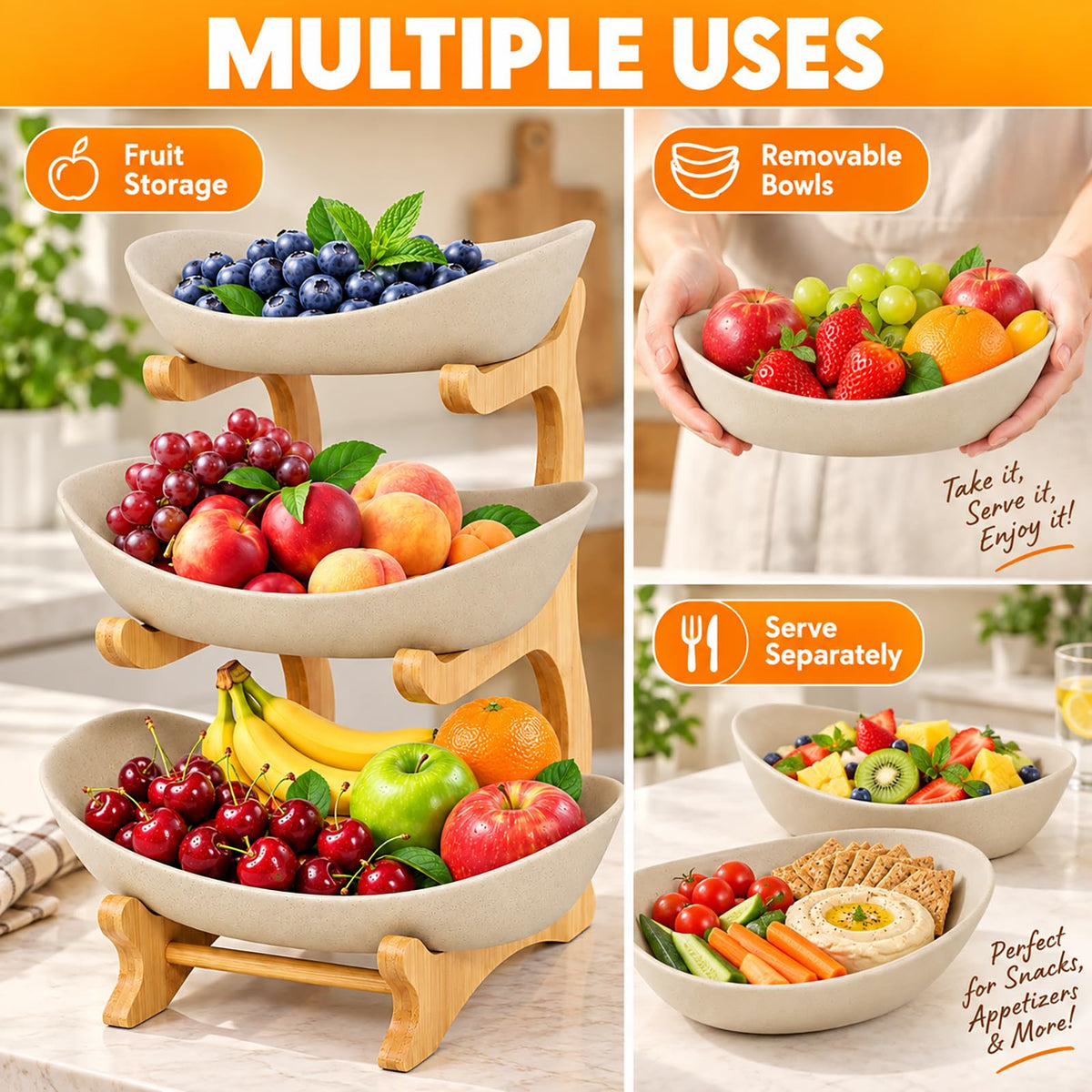 3 Tier Ceramic Fruit Basket with Bamboo Stand M222