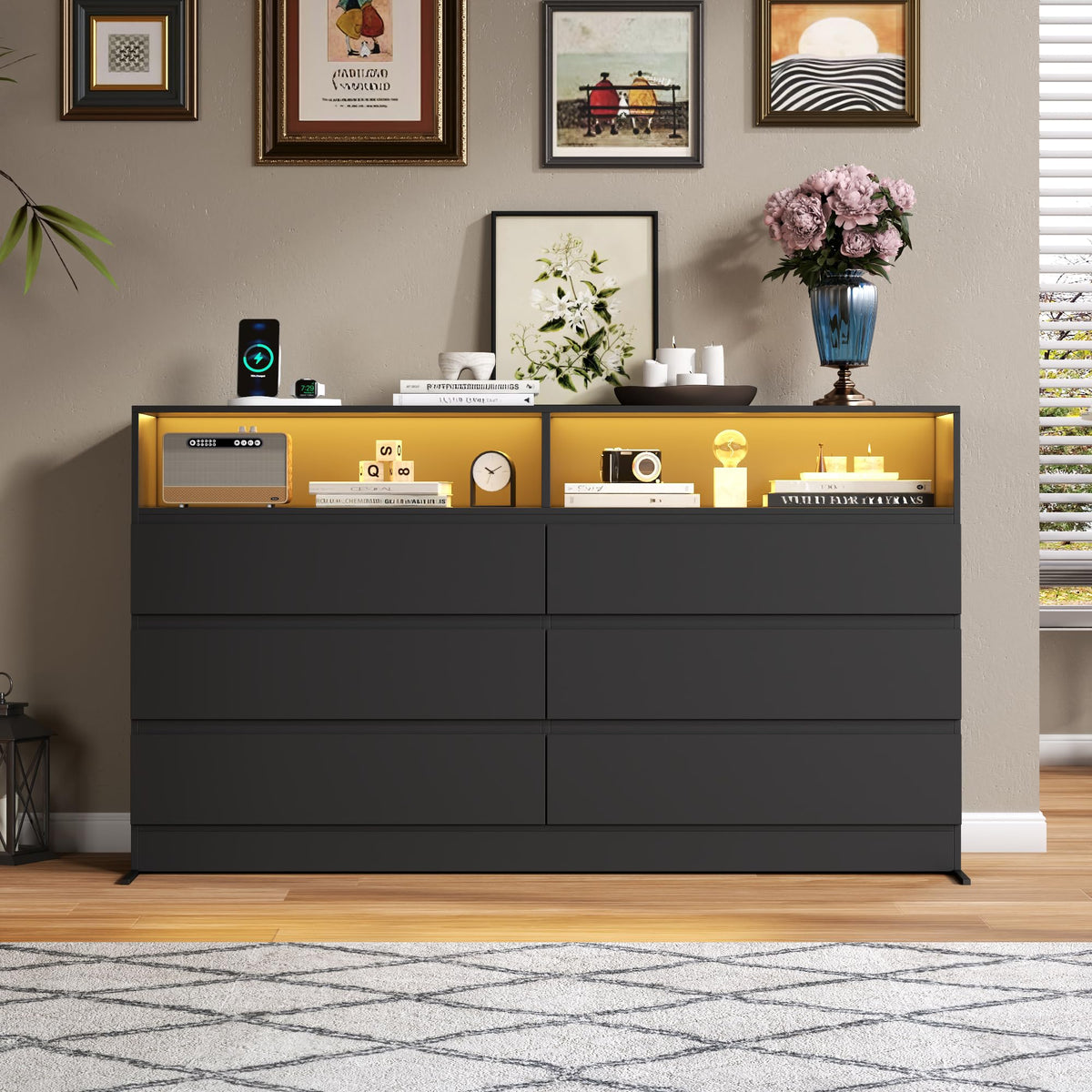 Black 6 Drawer Wood Dresser C3418