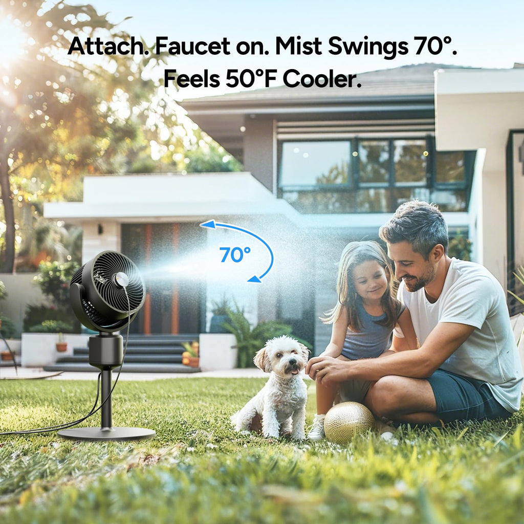 Compact Misting Pedestal Fan with Magnetic Mister, Quiet Air Circulator Standing Fan, 16-34" Adj. Height, 70°Auto-Oscillation, 3 Speeds C4347