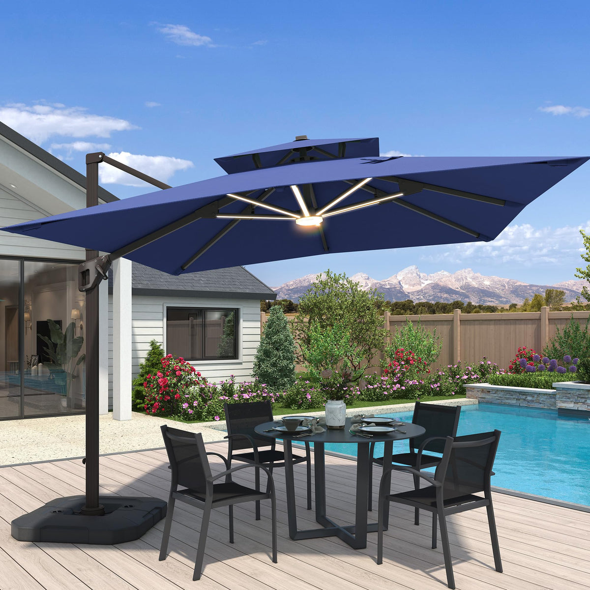 10x10 FT Cantilever Patio Umbrella with Base & LED K436162