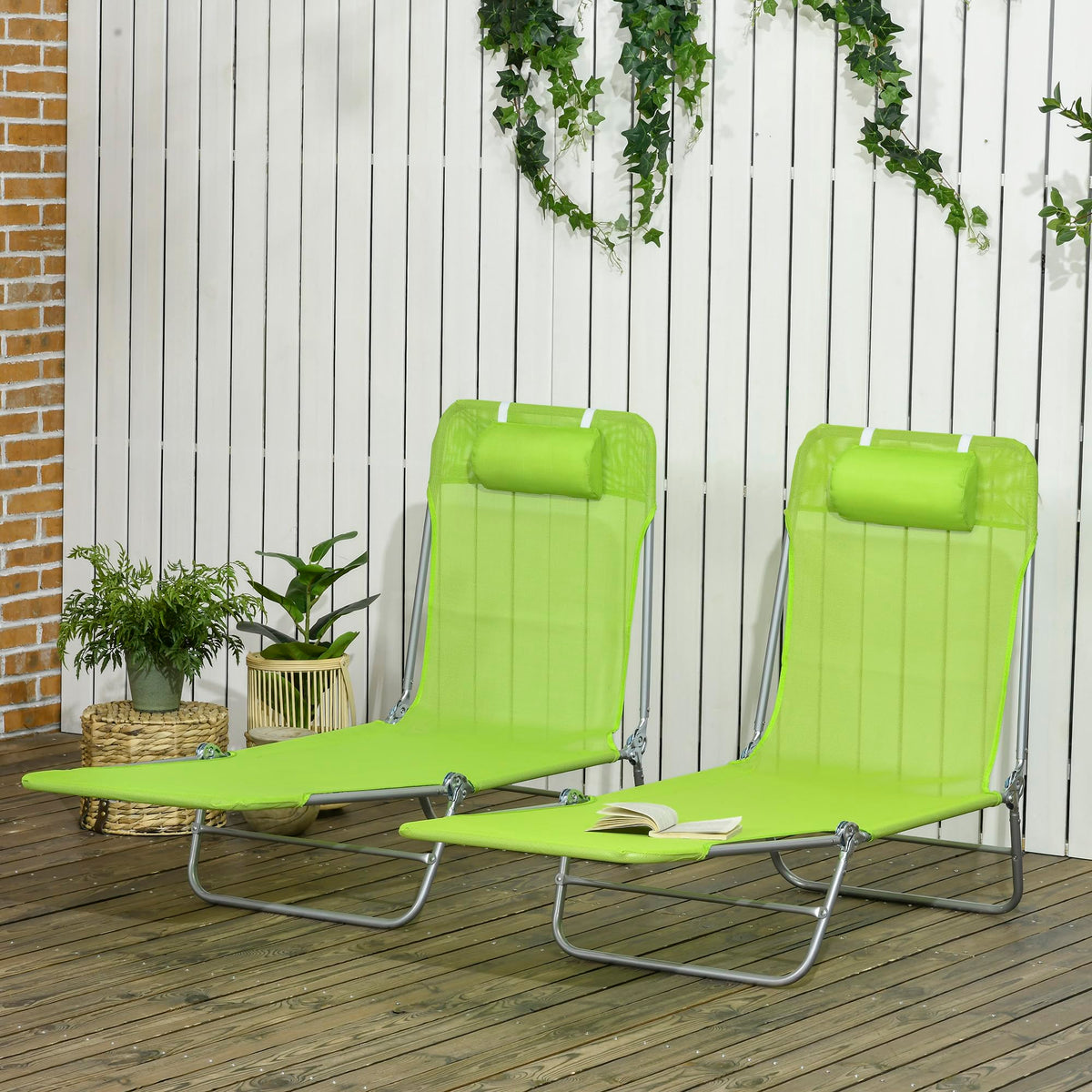2 Piece Folding Chaise Lounge Chairs Reclining Back Green Y2383