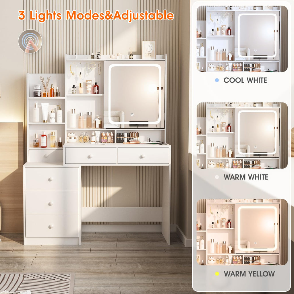 White Vanity Desk with Lighted Mirror and 6 Drawers H8674