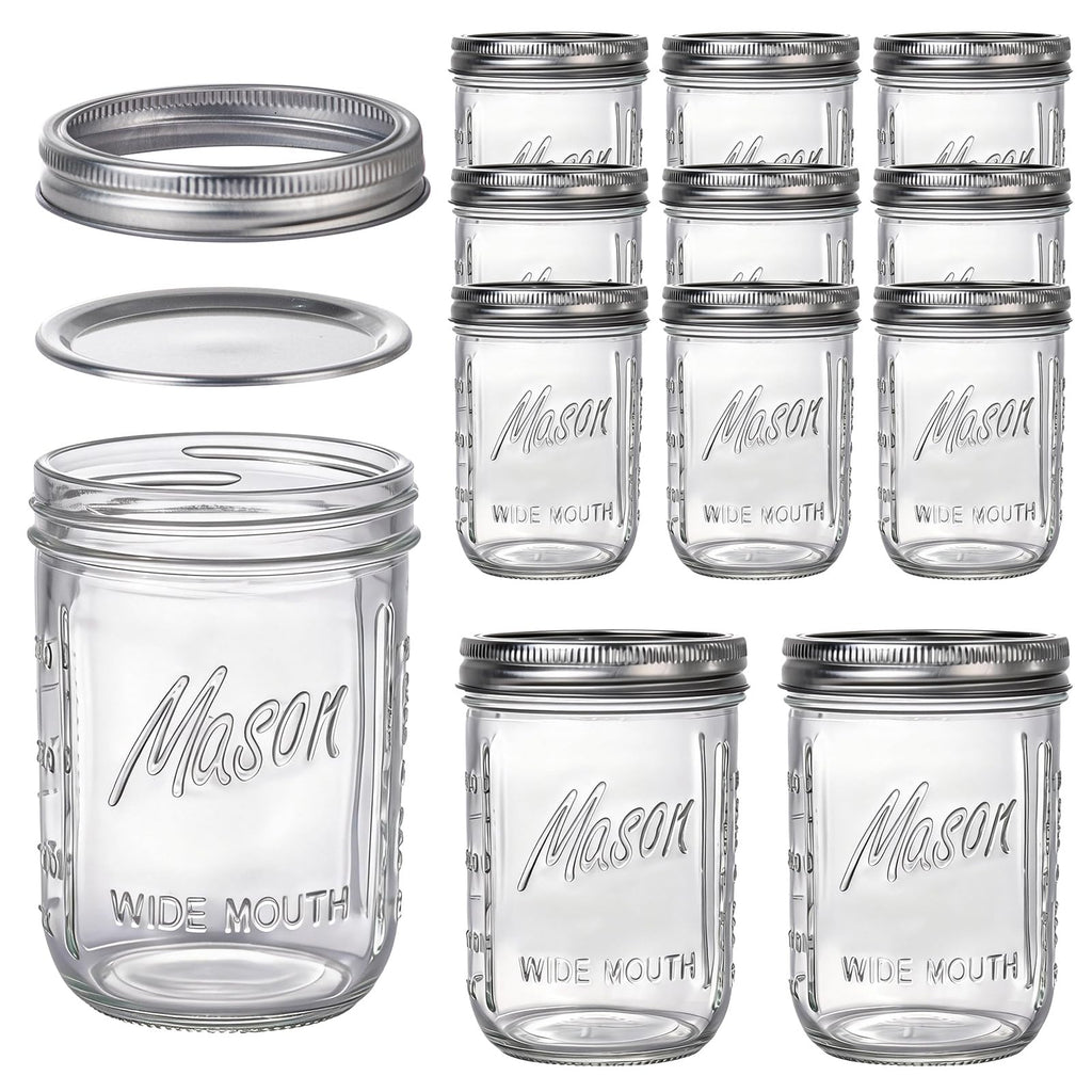 12 Pack 16 oz Wide Mouth Glass Mason Jars with Lids E2734