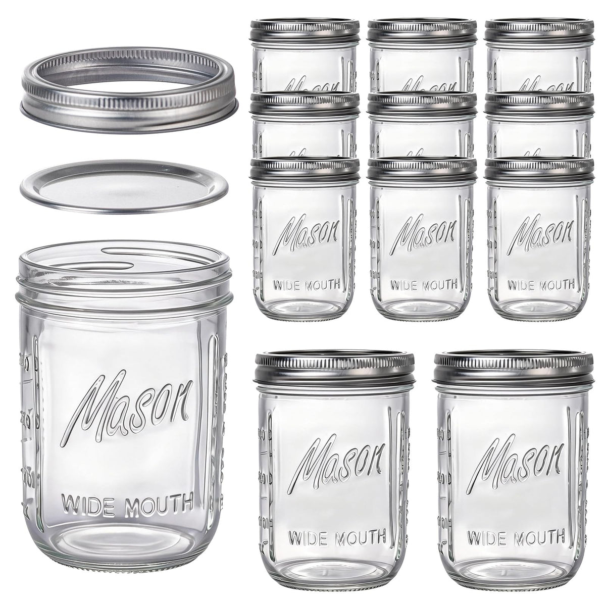 12 Pack 16 oz Wide Mouth Glass Mason Jars with Lids E2734