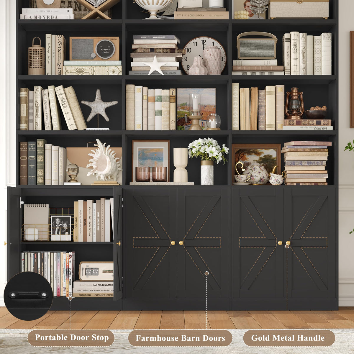 75" Tall Black Bookshelf with 6 Doors M511016