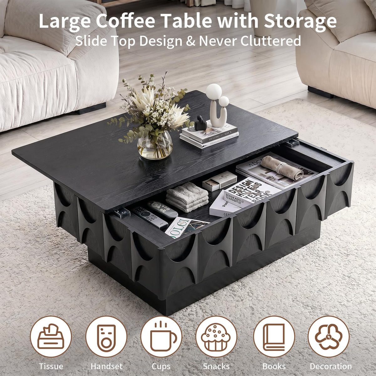 Black Coffee Table with Hidden Storage V651