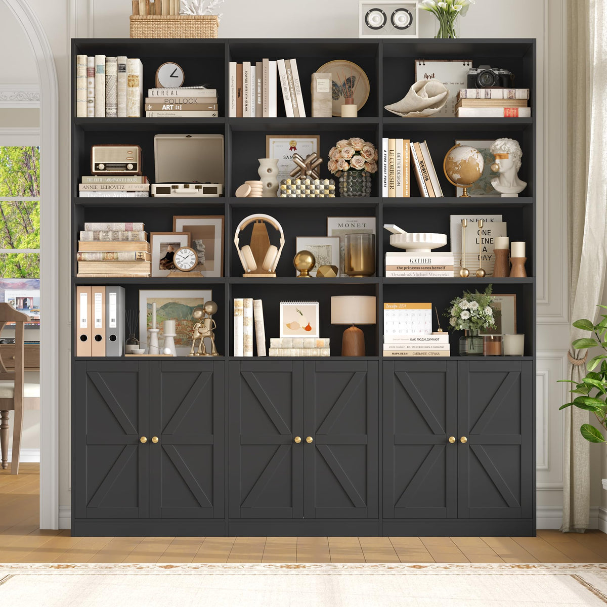 75" Tall Black Bookshelf with 6 Doors M511016