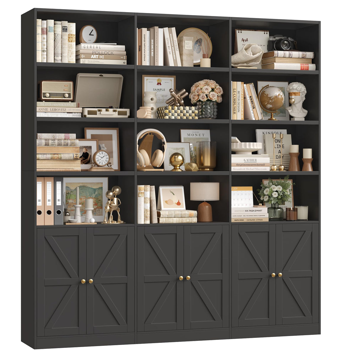 75" Tall Black Bookshelf with 6 Doors M511016