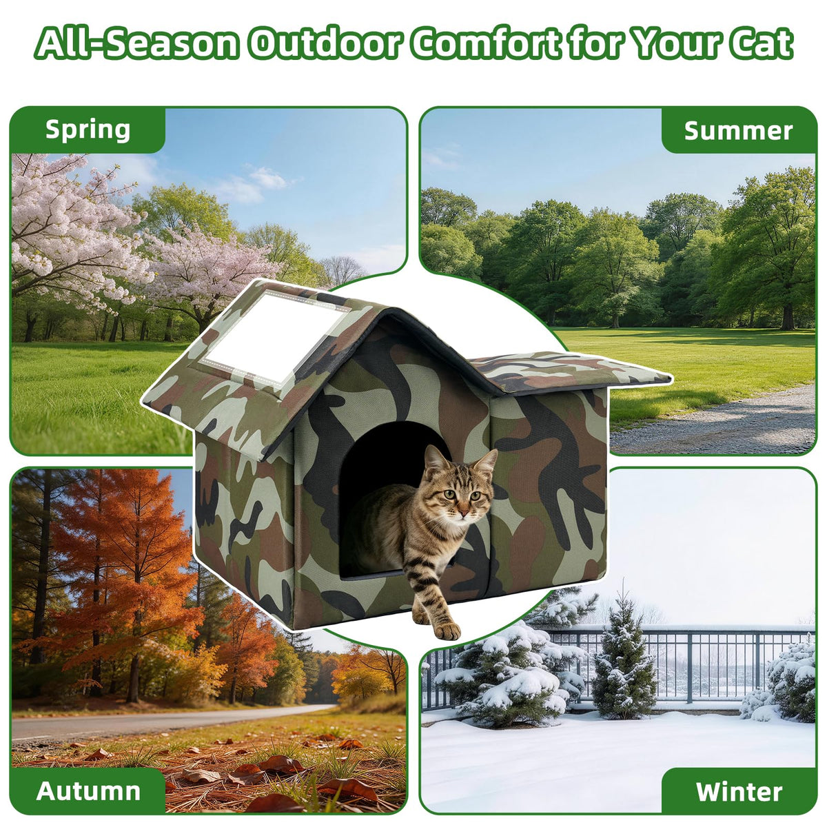 Large Weatherproof Outdoor Cat House with Door and Soft Mat C76098