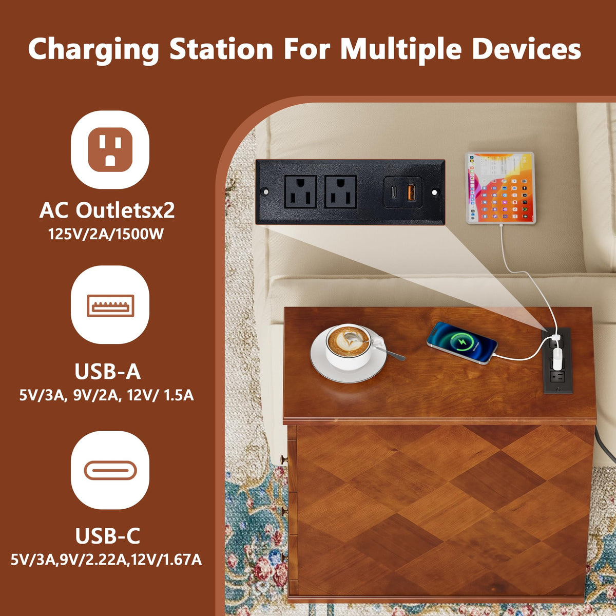 Solid Wood Narrow End Table with Charging Station Set of 2 I273660