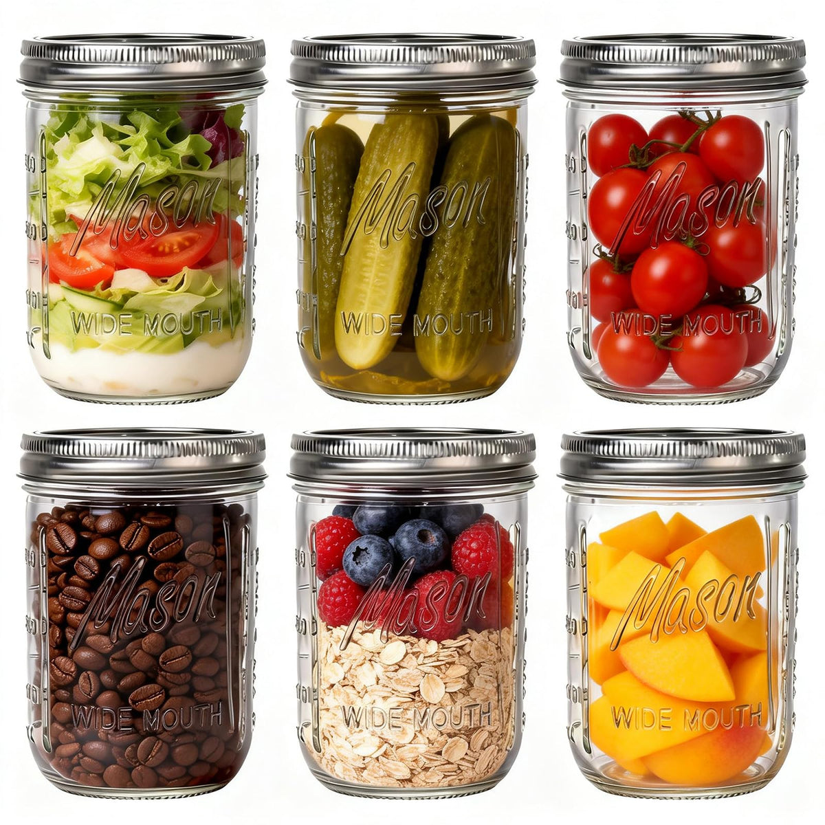 6-Pack 16 oz Wide Mouth Glass Mason Jars with Lids V3632