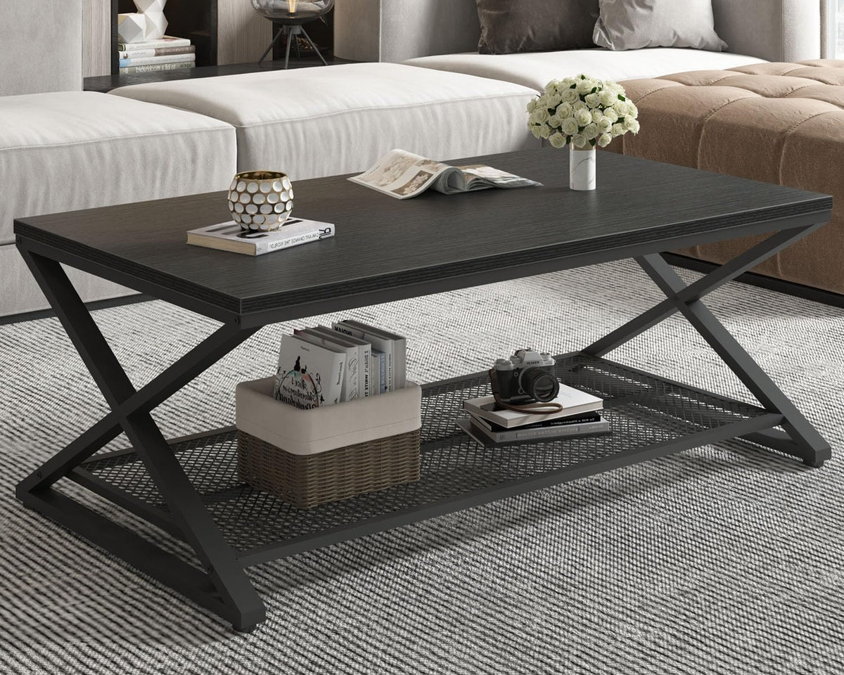 Black 2 Tier Wood Coffee Table with Storage M2574