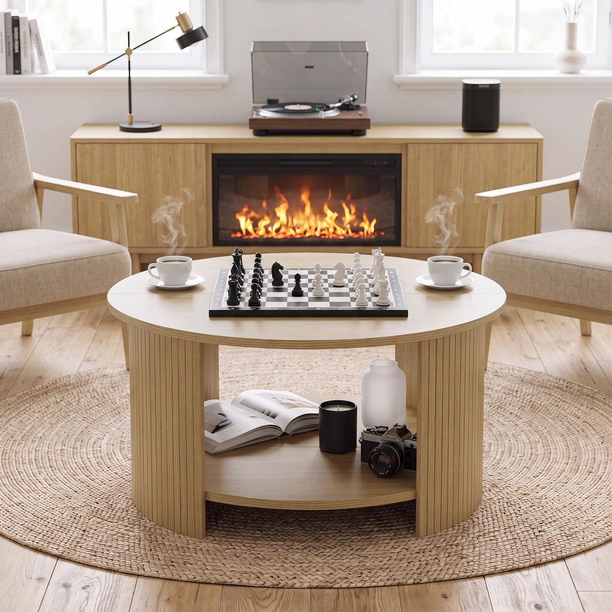 31.5" Round Wood Coffee Table with Storage P43636