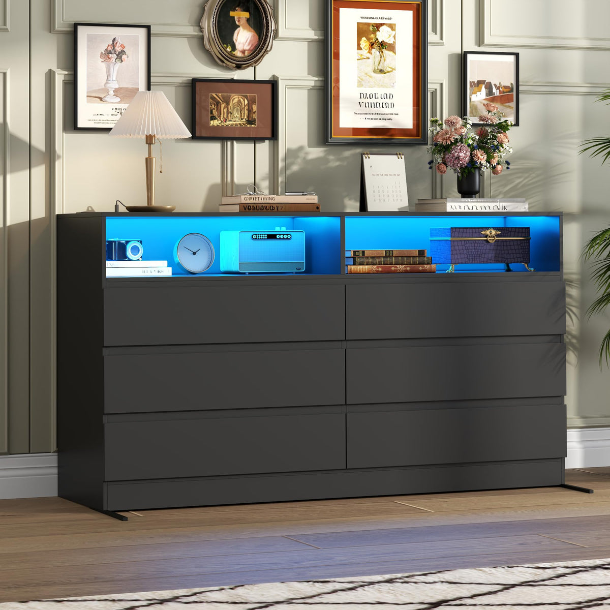 Black 6 Drawer Wood Dresser C3418