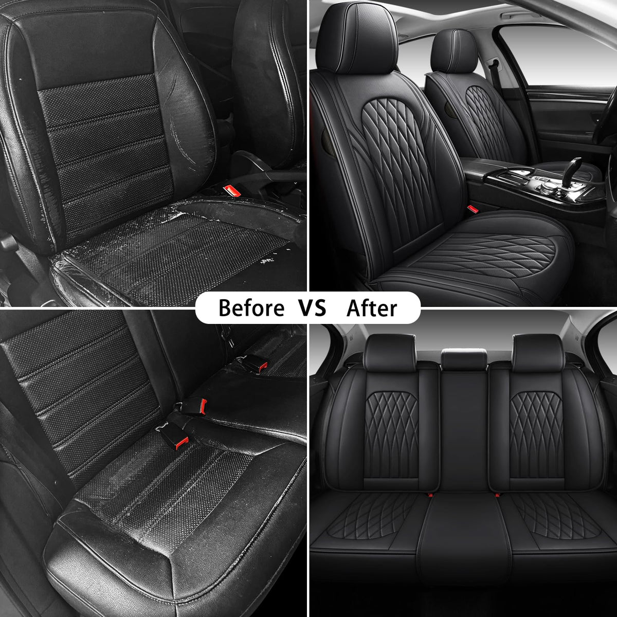 Black Faux Leather Car Seat Cover Full Set Z4329
