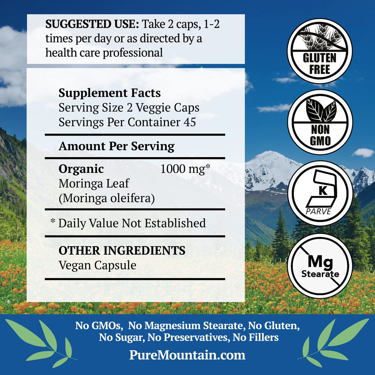 Organic Moringa Oleifera 1000mg 90 Count Vegan Supplement E509629