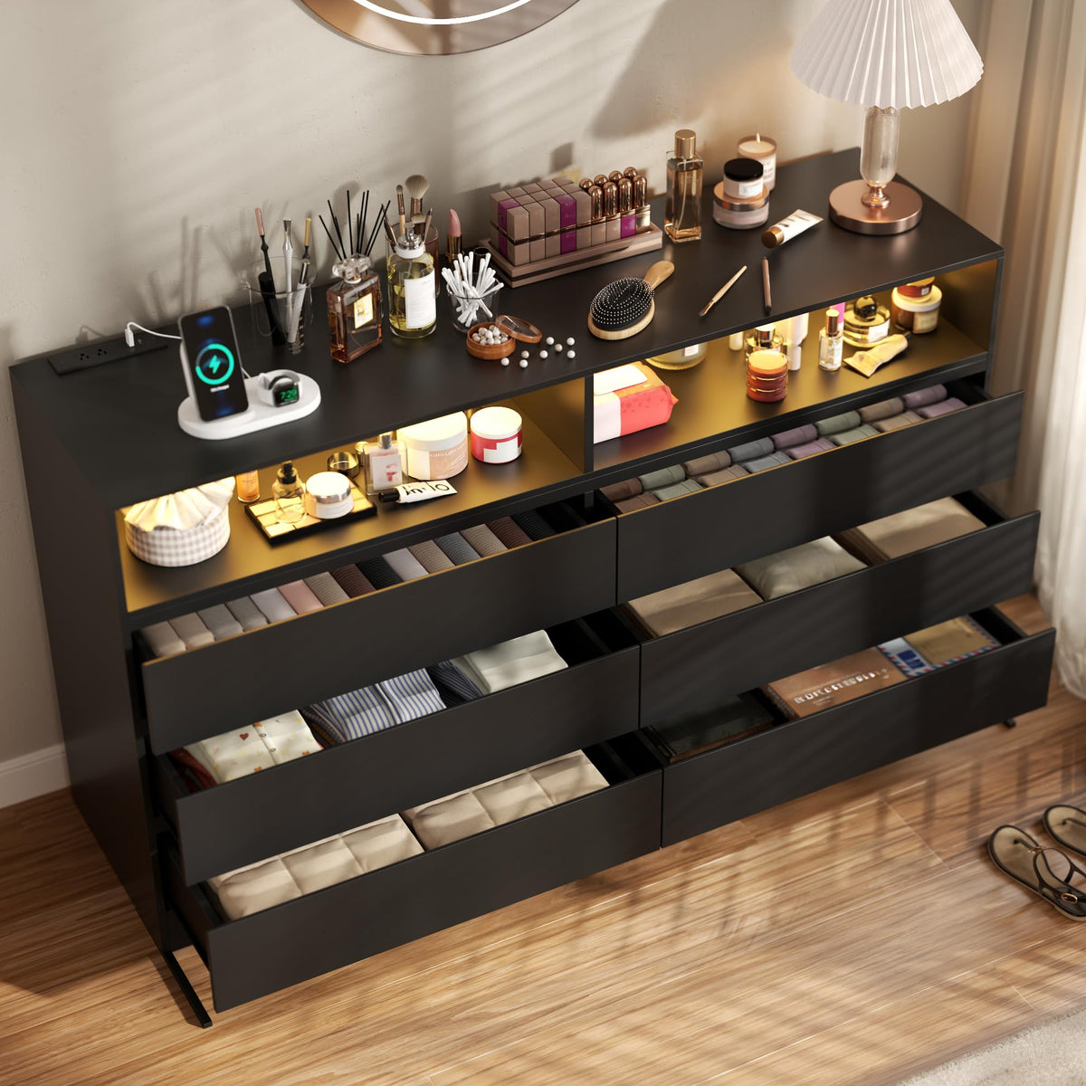 Black 6 Drawer Wood Dresser C3418