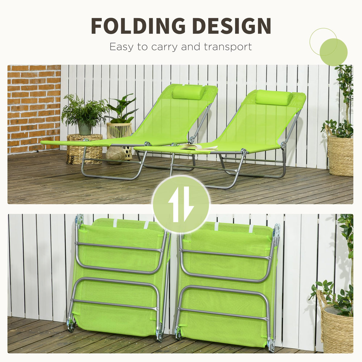 2 Piece Folding Chaise Lounge Chairs Reclining Back Green Y2383