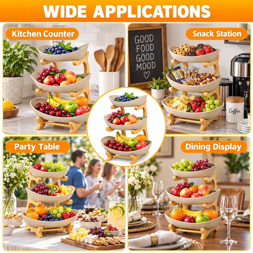 3 Tier Ceramic Fruit Basket with Bamboo Stand M222
