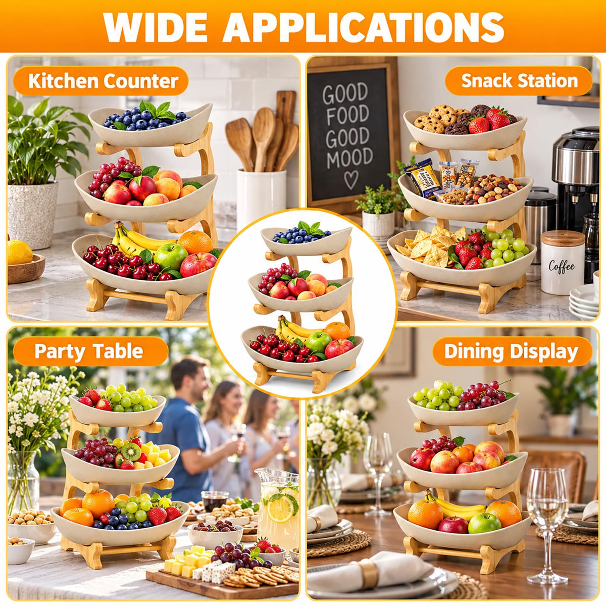 3 Tier Ceramic Fruit Basket with Bamboo Stand M222