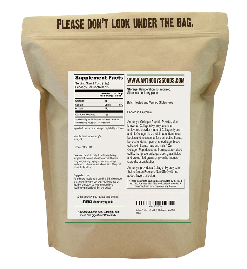 Collagen Peptide Powder, 1 lb, Hydrolyzed, Gluten Free, Grass Fed, Unflavored W9282