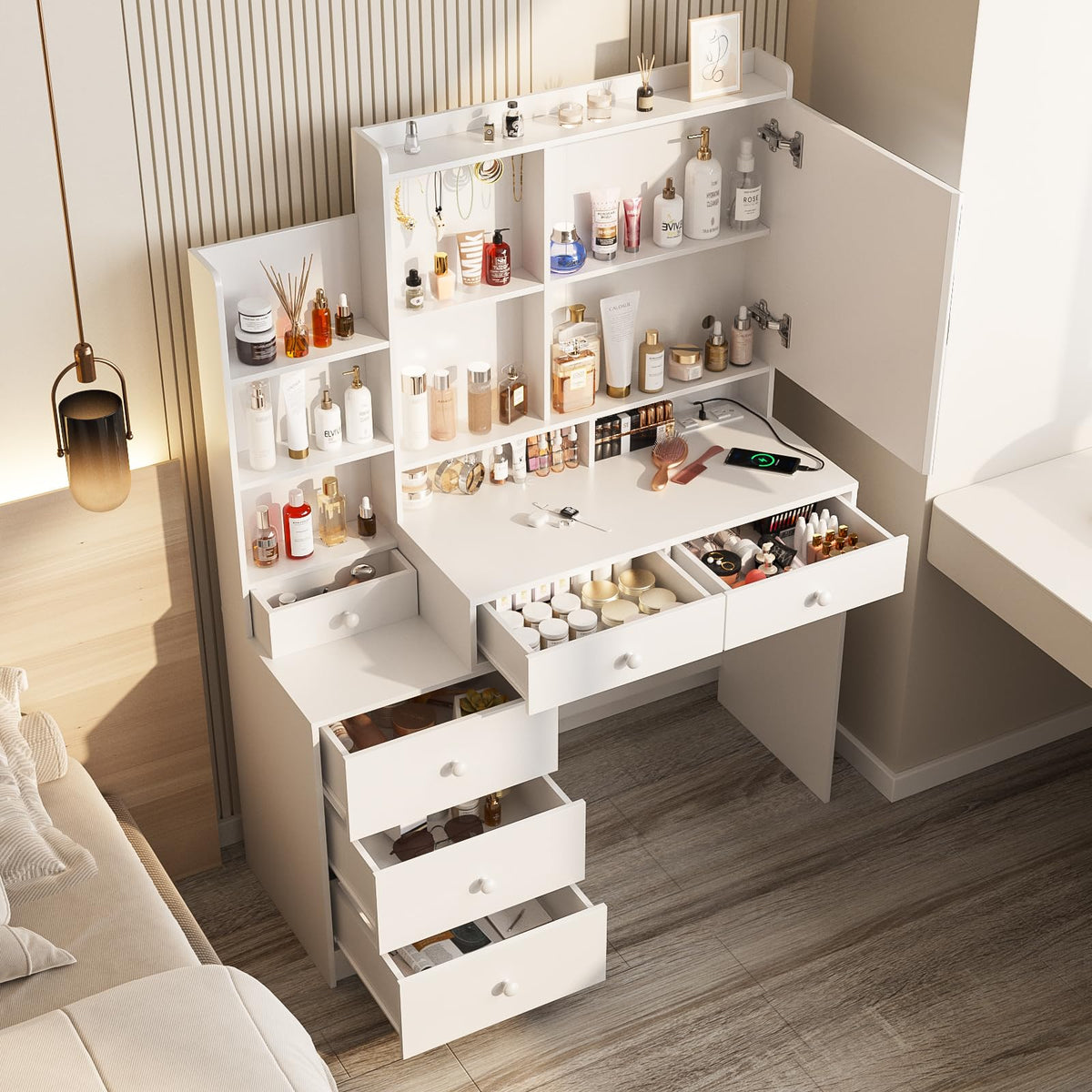 White Vanity Desk with Lighted Mirror and 6 Drawers H8674