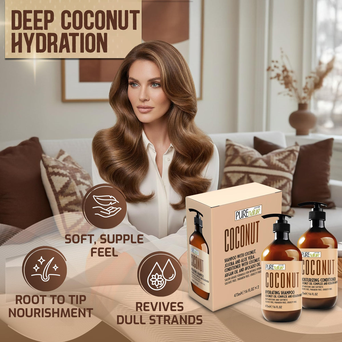 Sulfate Free Coconut Shampoo and Conditioner Set 16 Fl Oz K436