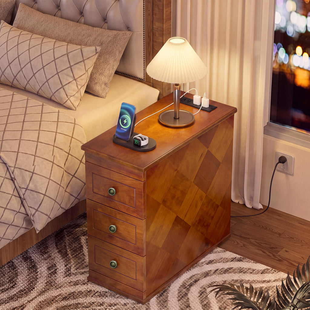 Solid Wood Narrow End Table with Charging Station Set of 2 I273660