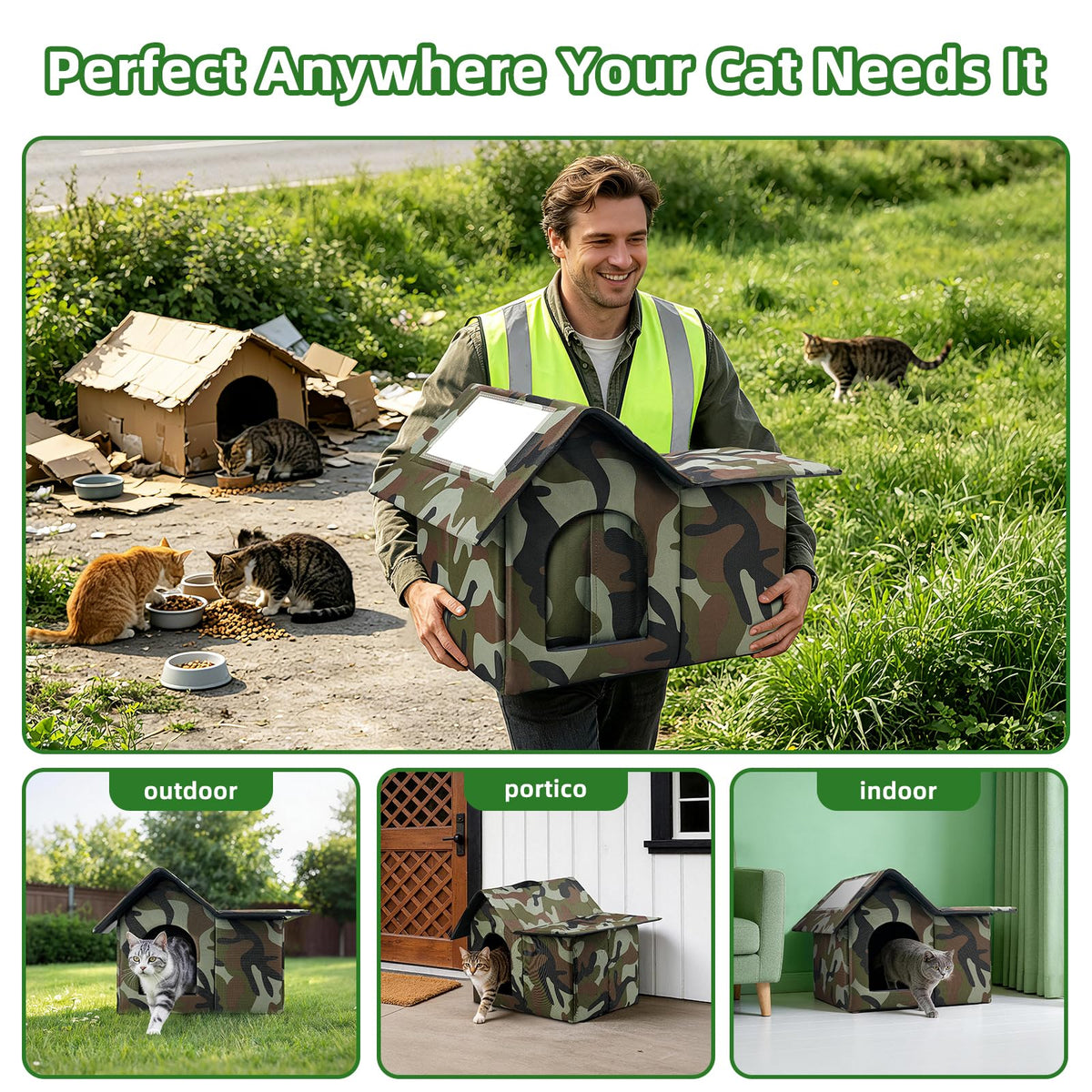 Large Weatherproof Outdoor Cat House with Door and Soft Mat C76098