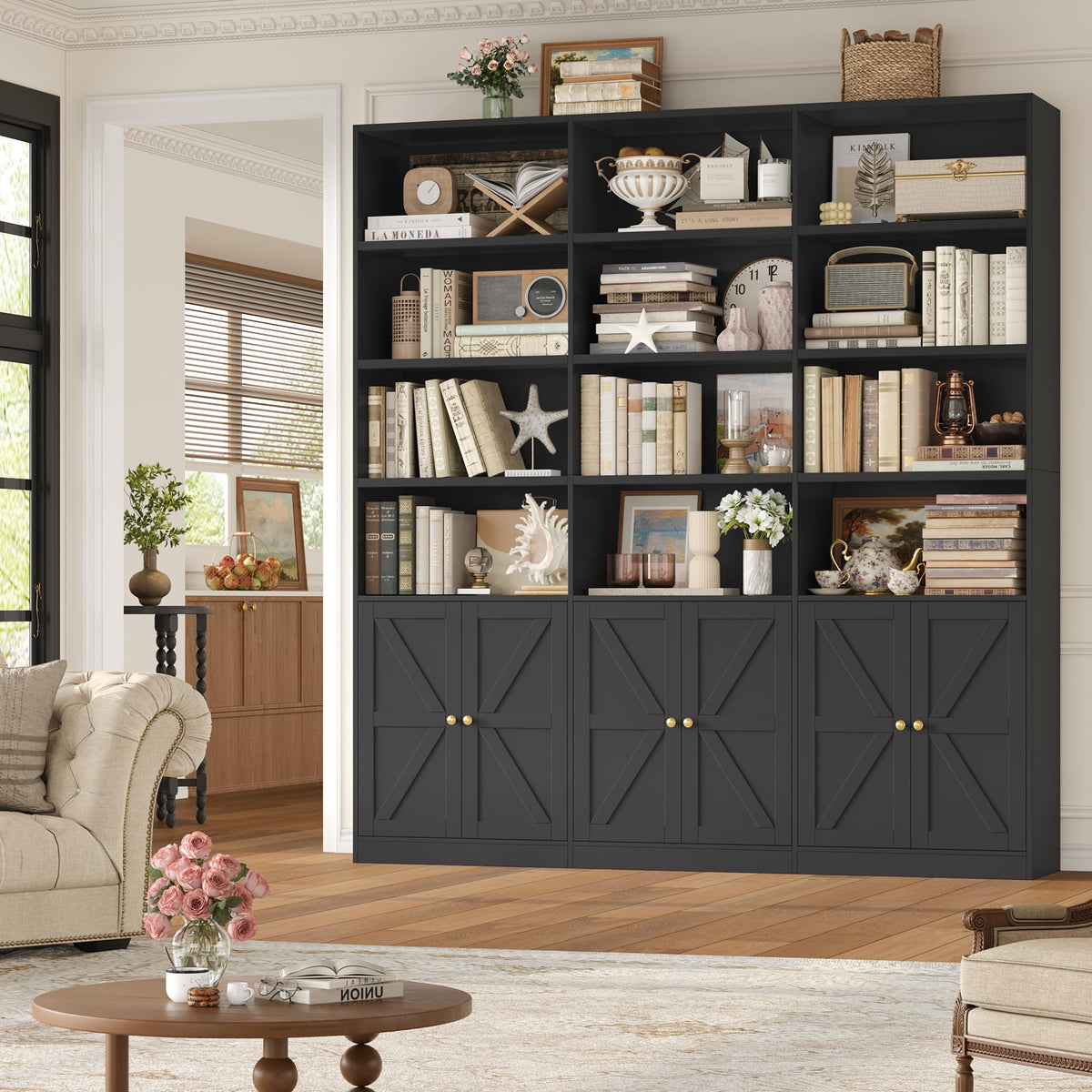 75" Tall Black Bookshelf with 6 Doors M511016
