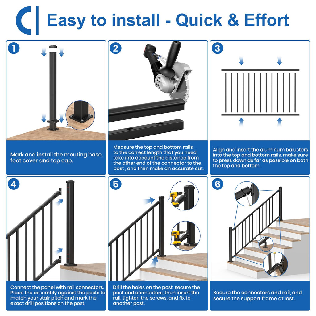 1 Pack 36 in. H x 6 ft. W Aluminum Stair Railing Kit with Post Y45654