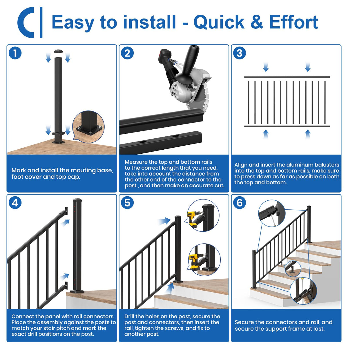 1 Pack 36 in. H x 6 ft. W Aluminum Stair Railing Kit with Post Y45654