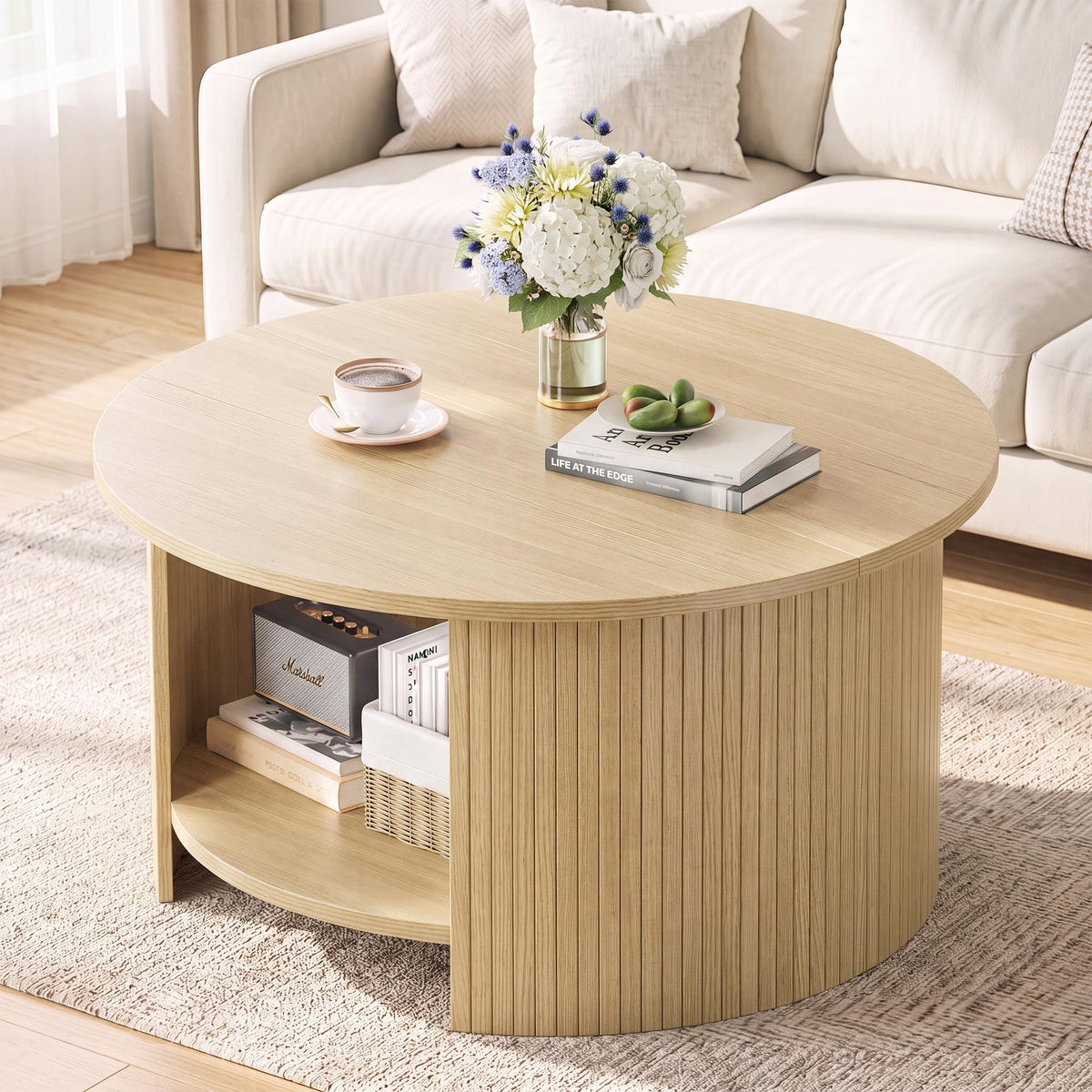 31.5" Round Wood Coffee Table with Storage P43636